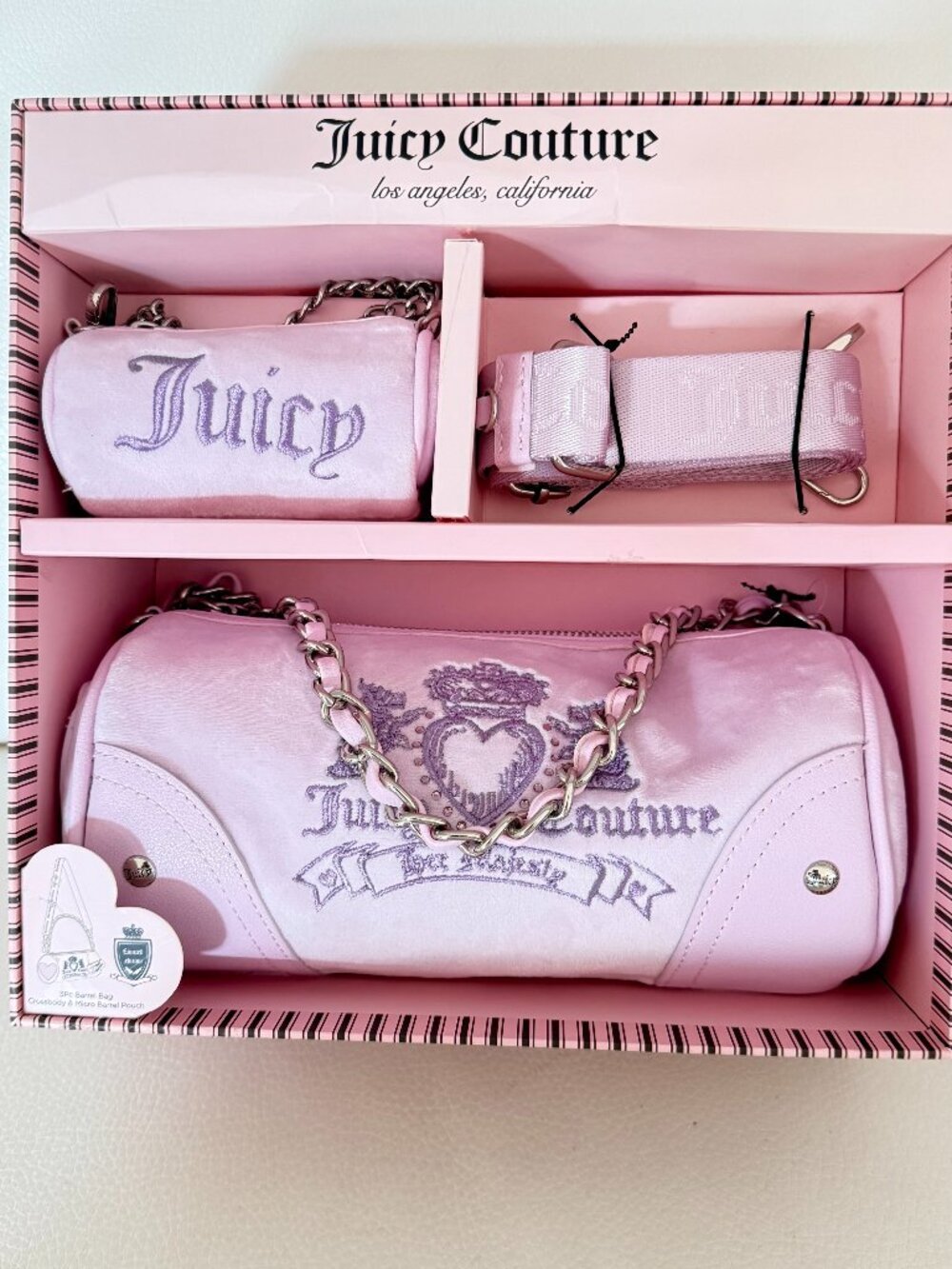 NIB JUICY COUTURE HERITAGE BARREL BAG GIFT SET SHOULDER BAG LILAC MIST